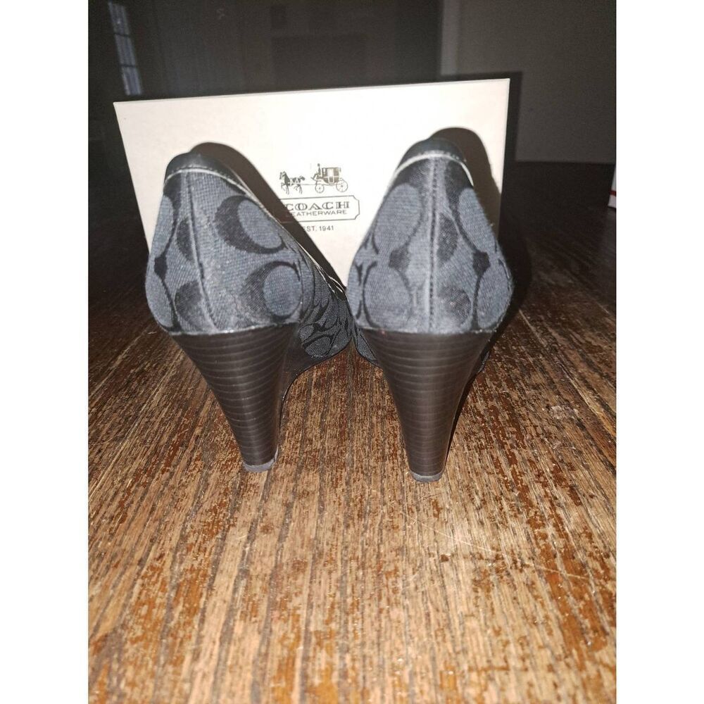 9.5B Coach Black Thea Wedge High Heel Peep Toe Signature Dress Shoes w Box - Picture 5 of 9